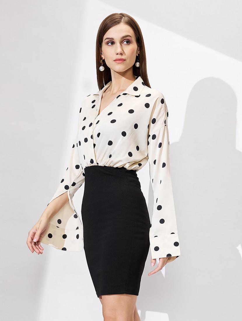 globus women white shirt collar cuffed sleeves polka dots satin gathered mini bodycon workwear dress - 21672390 -  Standard Image - 1
