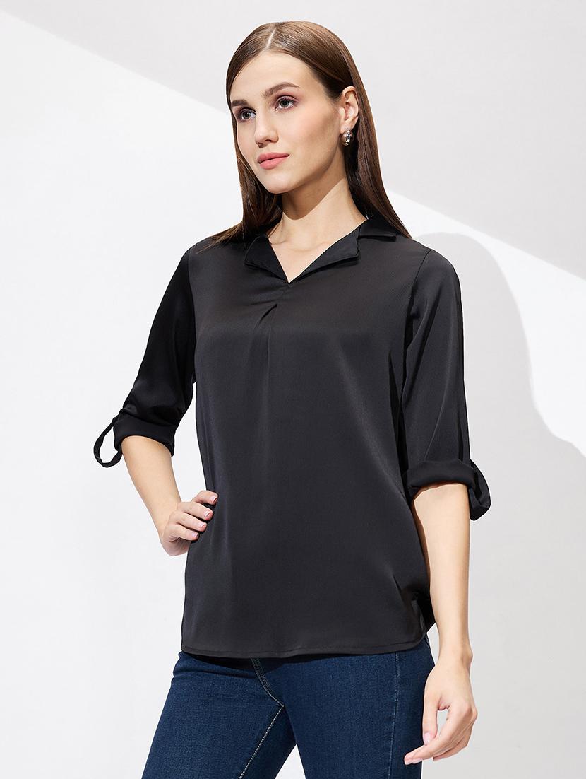 globus women black cuban collar roll up sleeves solid satin shirt style workwear top - 21672394 -  Standard Image - 1
