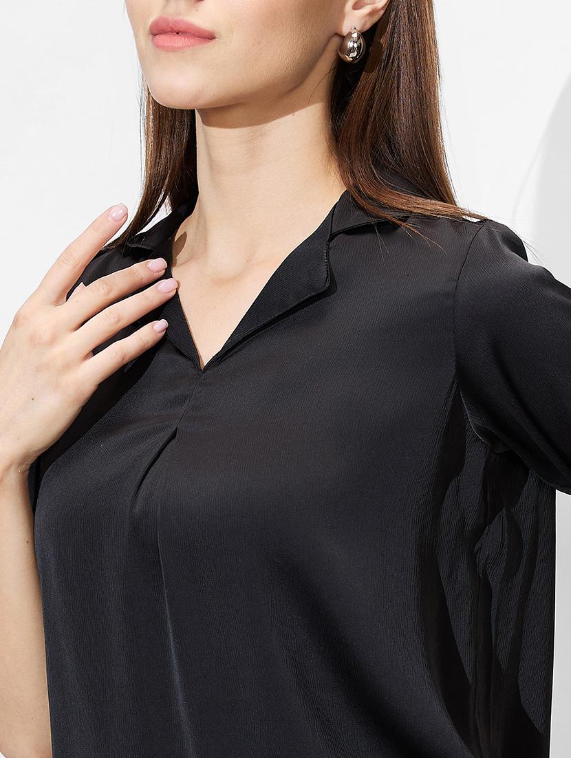 globus women black cuban collar roll up sleeves solid satin shirt style workwear top - 21672394 - Standard Image - 4