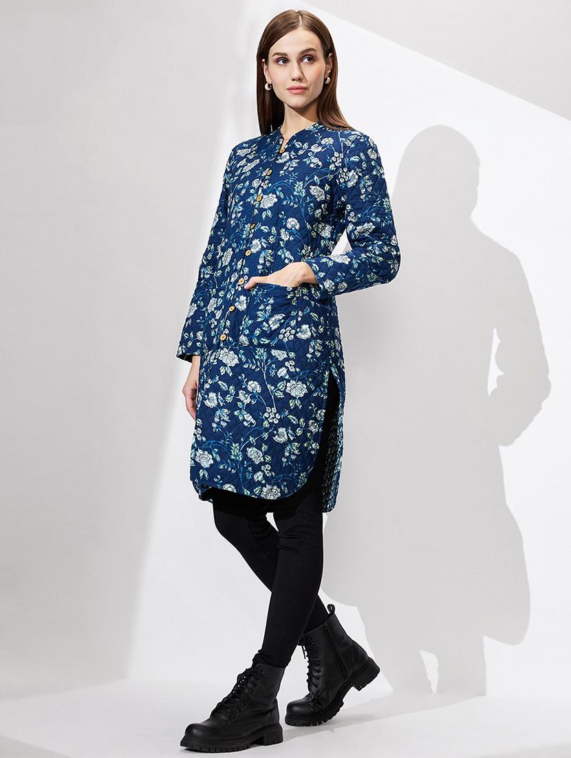globus women blue mandarin collar long sleeves floral print quilted knee length curved hem reversible winter shrug - 21672398 - Standard Image - 1