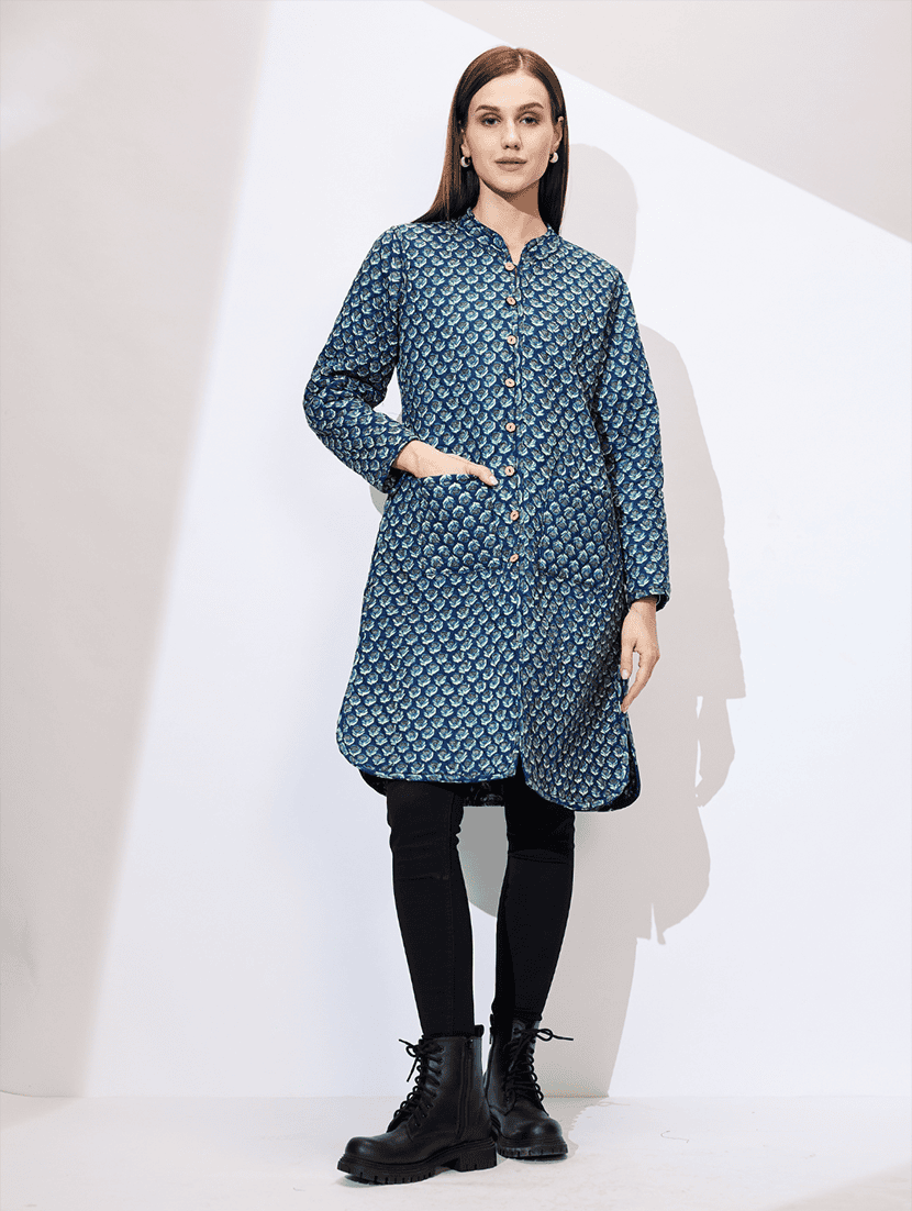 globus women blue mandarin collar long sleeves floral print quilted knee length curved hem reversible winter shrug - 21672398 - Standard Image - 4