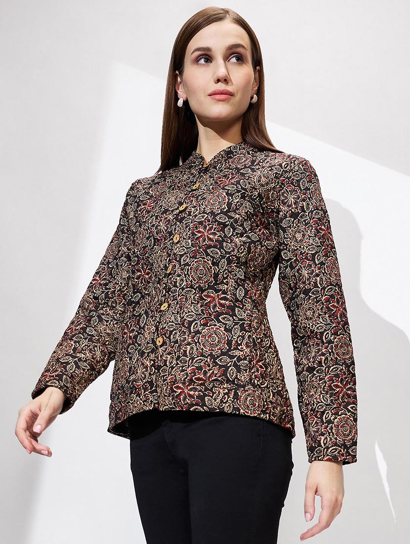 globus women black mandarin collar long sleeves floral print relaxed fit quilted reversible winter shrug - 21672399 -  Standard Image - 1