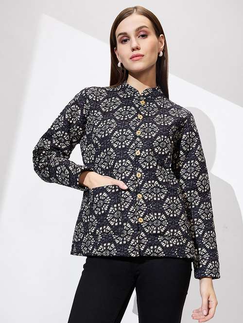 globus women black mandarin collar long sleeves ethnic print relaxed fit quilted reversible winter shrug - 21672400 -  Standard Image - 0