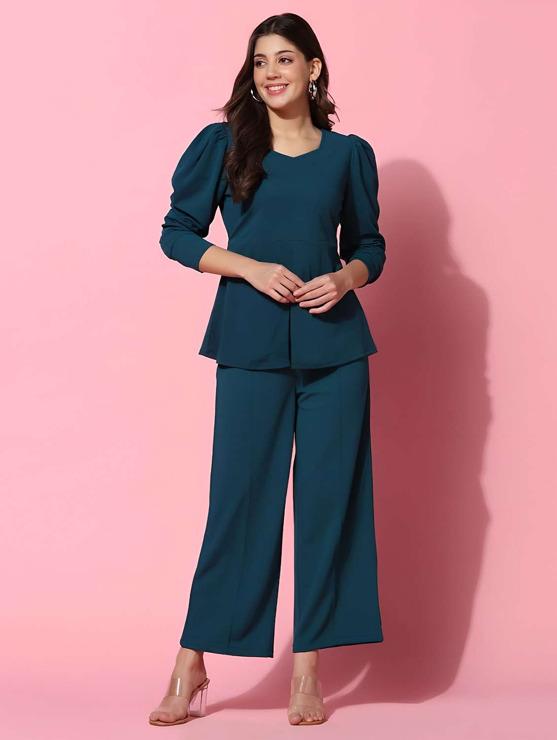 women solid top and trouser co-ord set - 21672859 - Standard Image - 1