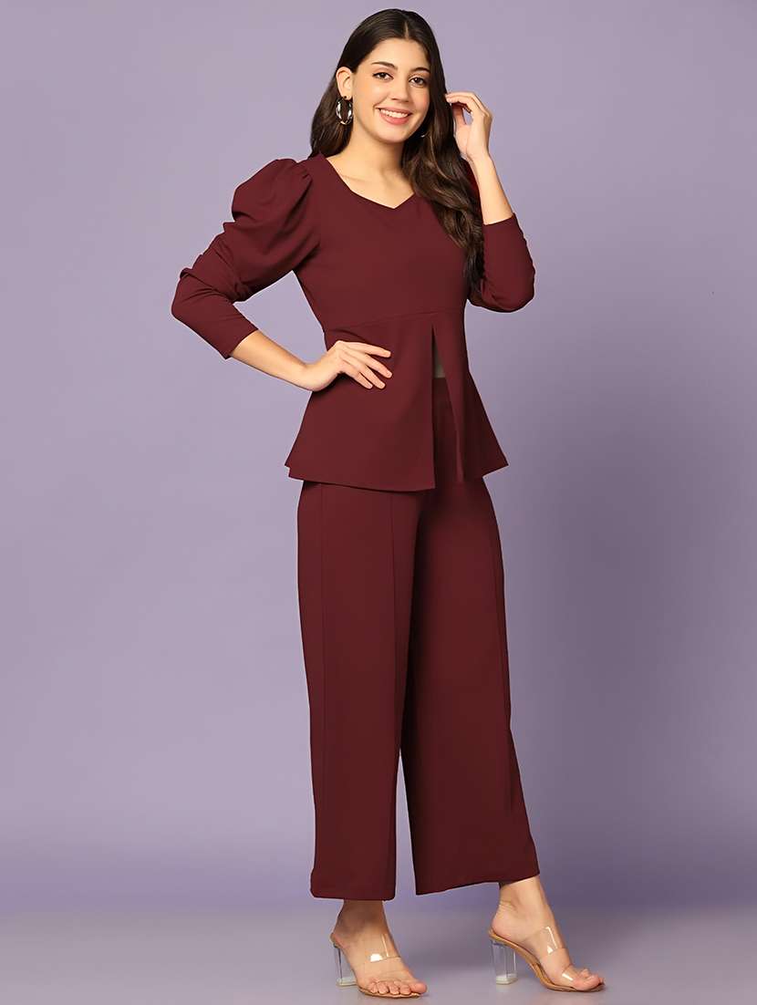 women solid top and trouser co-ord set - 21672860 - Standard Image - 1