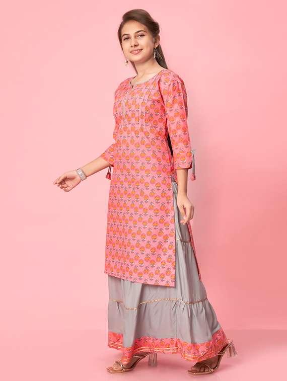 girls floral notch neck straight kurta - 21672949 - Standard Image - 1