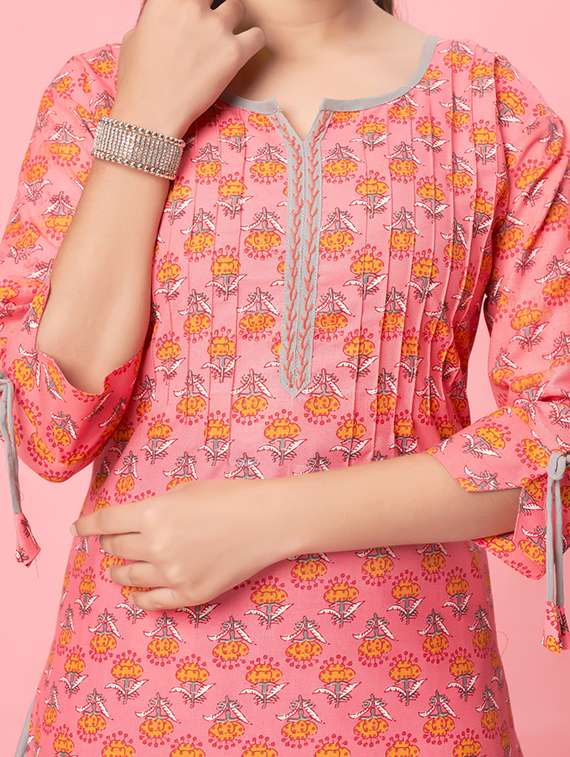 girls floral notch neck straight kurta - 21672949 - Standard Image - 4