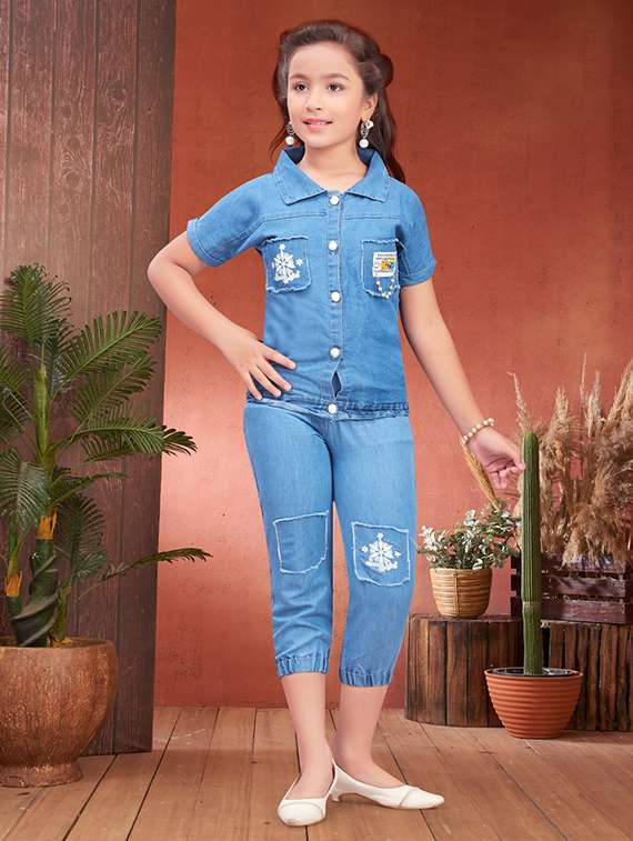 girls denim solid short sleeve co-ord sets