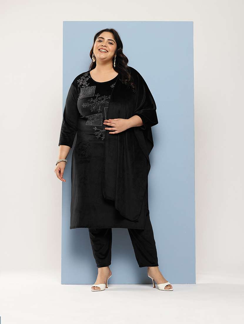 women plus size round neck kurta pant set with dupatta
