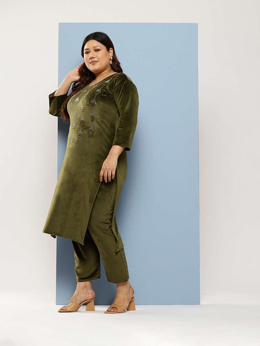 women plus size round neck kurta pant set with dupatta - 21673068 -  Standard Image - 1