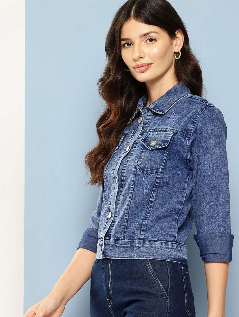 women collared long sleeves denim jacket - 21673077 - Standard Image - 1