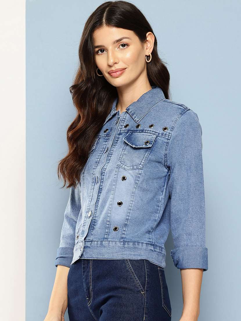 women collared long sleeves denim jacket - 21673078 - Standard Image - 1