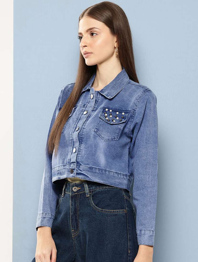 women collared long sleeves crop denim jacket - 21673097 -  Standard Image - 1