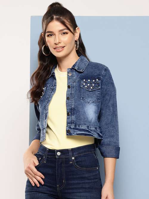 women collared long sleeves crop denim jacket - 21673098 - Standard Image - 0