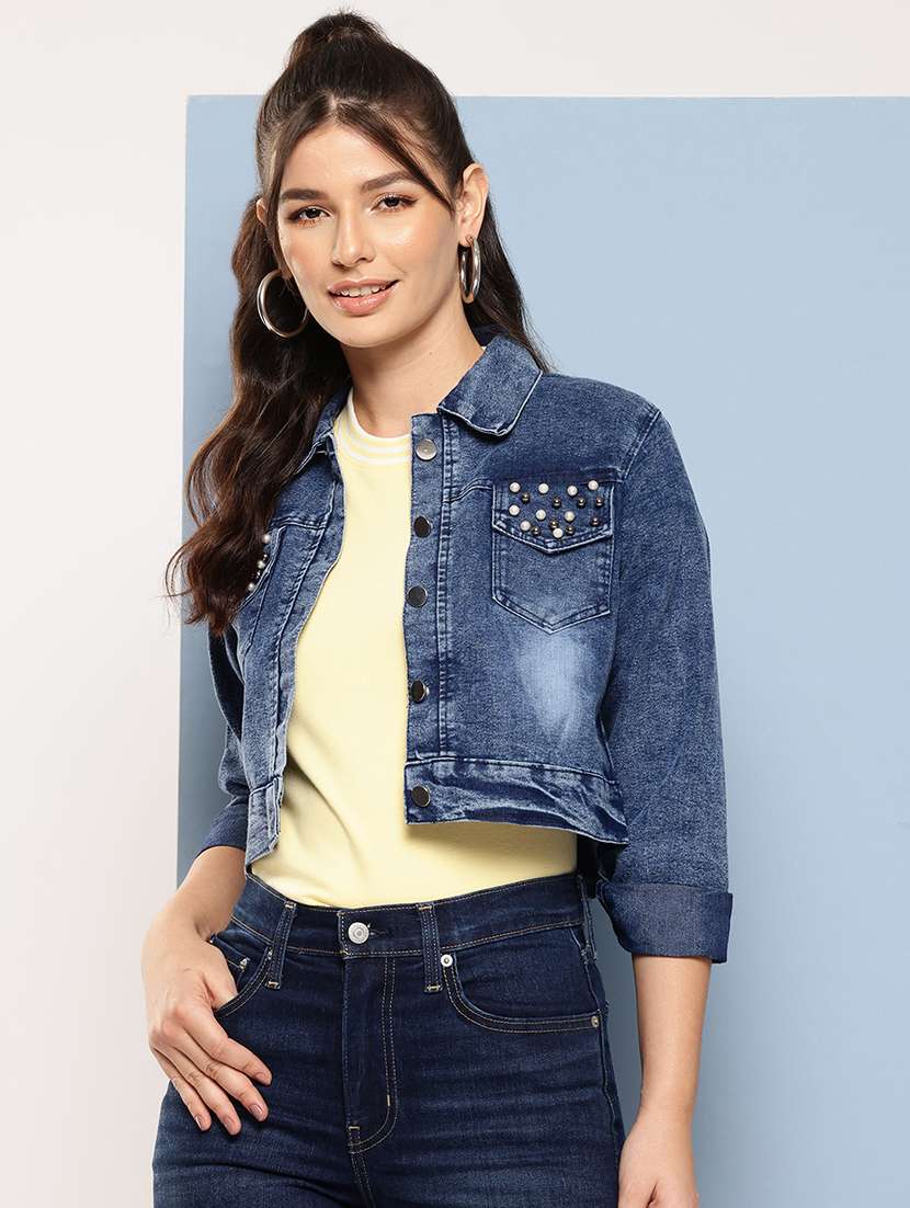 women collared long sleeves crop denim jacket - 21673098 - Zoom Image - 0