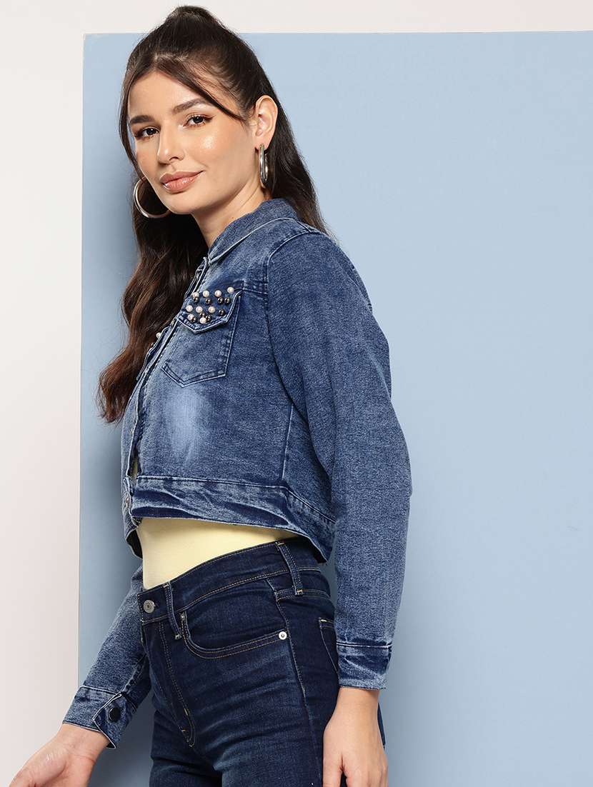 women collared long sleeves crop denim jacket - 21673098 - Standard Image - 1