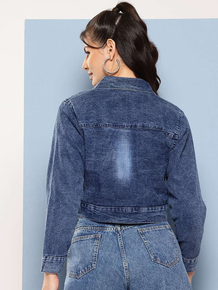 women collared long sleeves crop denim jacket - 21673104 -  Standard Image - 1