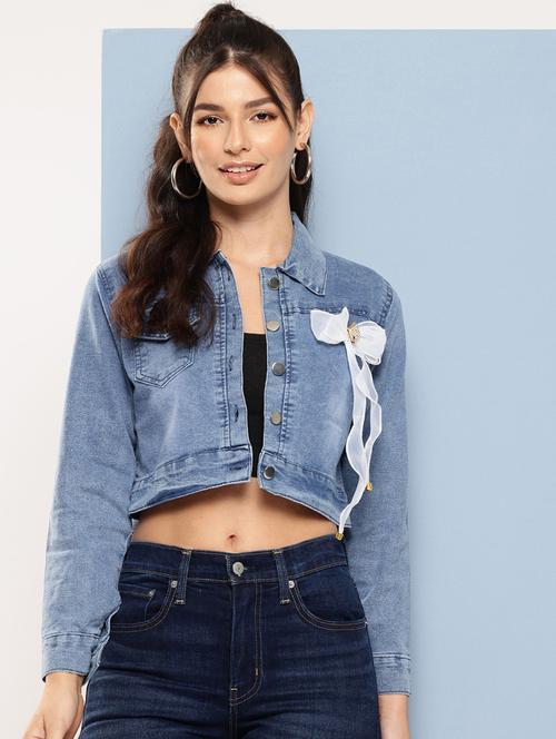 women collared long sleeves crop denim jacket - 21673107 - Standard Image - 0