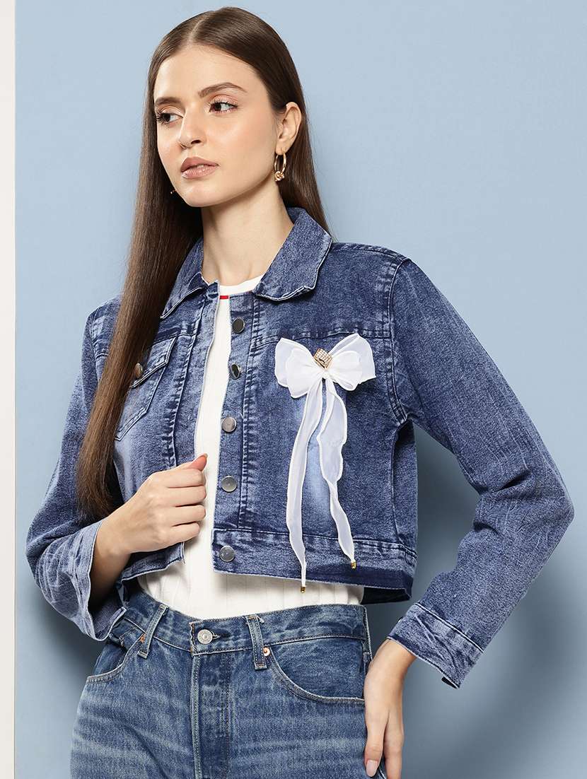 women collared long sleeves crop denim jacket