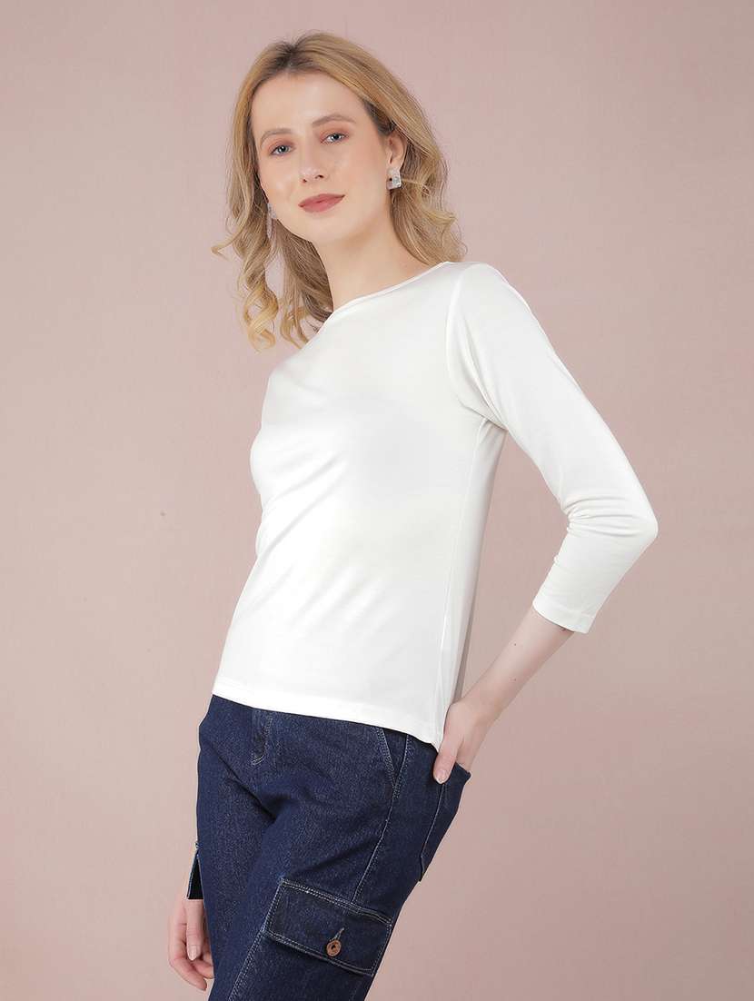 women solid boat neck three quarter sleeves t-shirt