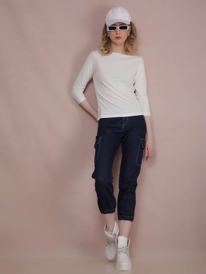 women solid boat neck three quarter sleeves t-shirt - 21673412 -  Standard Image - 4