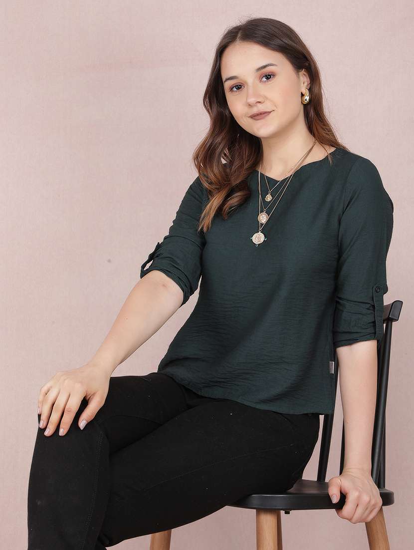 women solid roll up sleeves regular top - 21673414 - Standard Image - 4