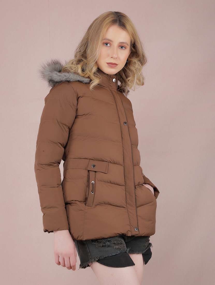 women brown solid long sleeve quilted jacket