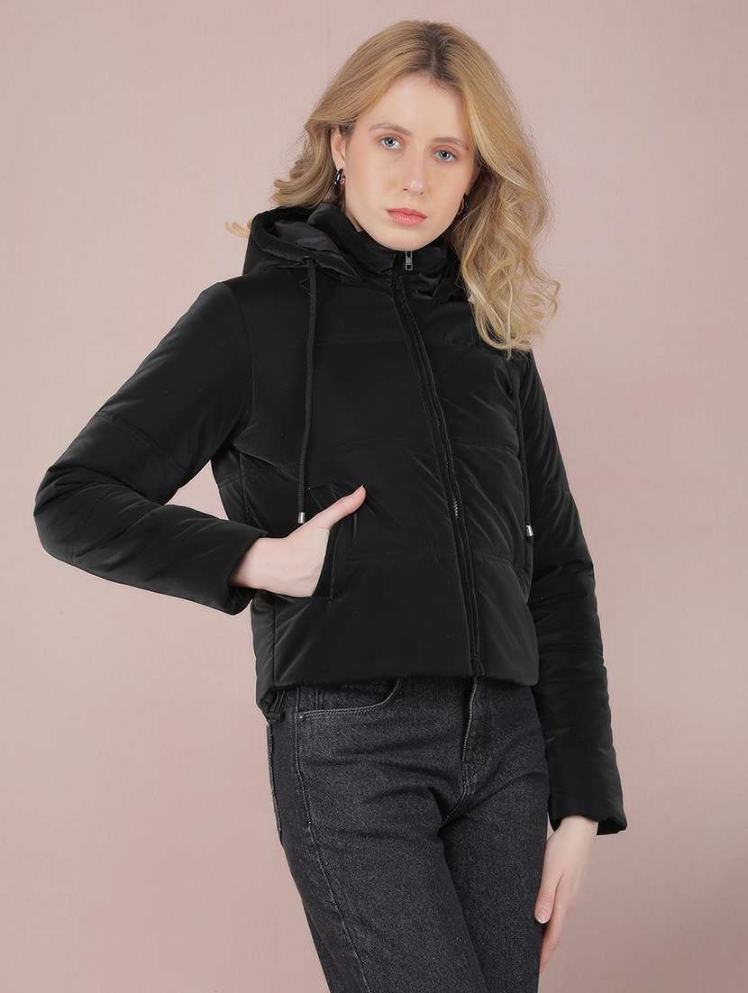 women black solid long sleeve quilted jacket