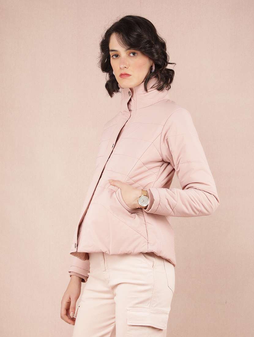 women pink solid long sleeve quilted jacket