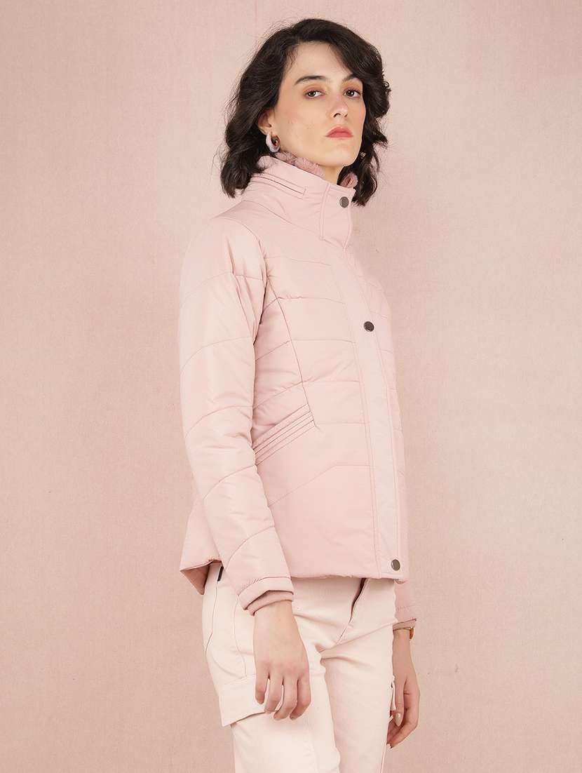 women pink solid long sleeve quilted jacket - 21673438 - Standard Image - 1