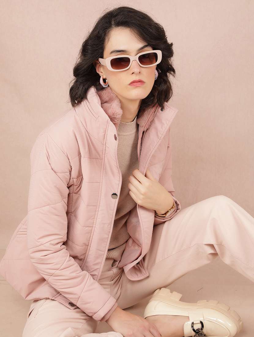 women pink solid long sleeve quilted jacket - 21673438 - Standard Image - 4