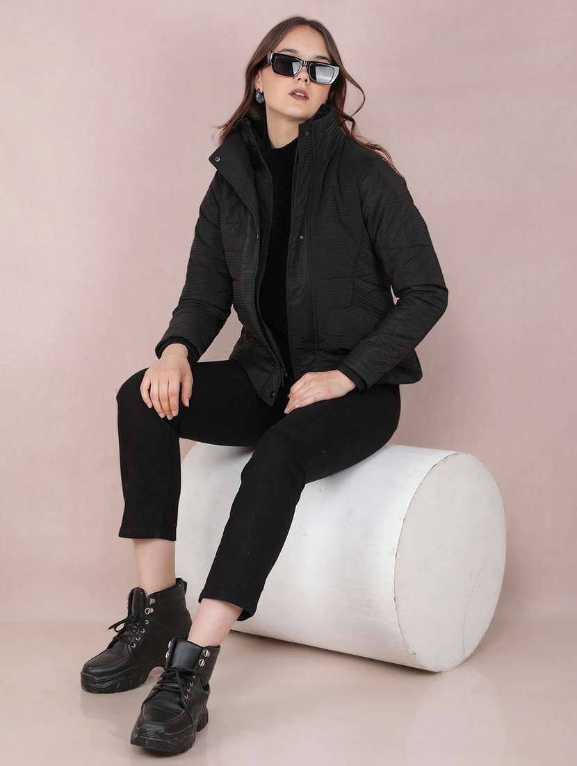 women black solid long sleeve quilted jacket - 21673439 - Standard Image - 4