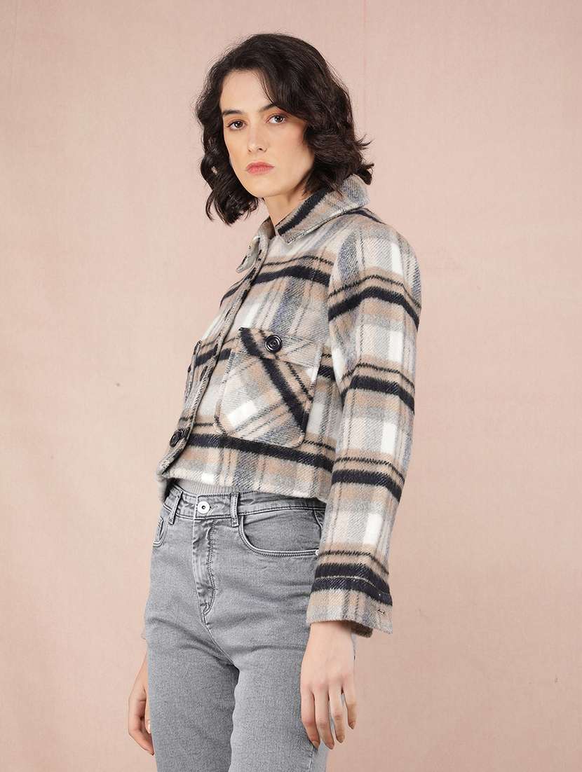 women multi color checks long sleeve shacket - 21673440 -  Standard Image - 1
