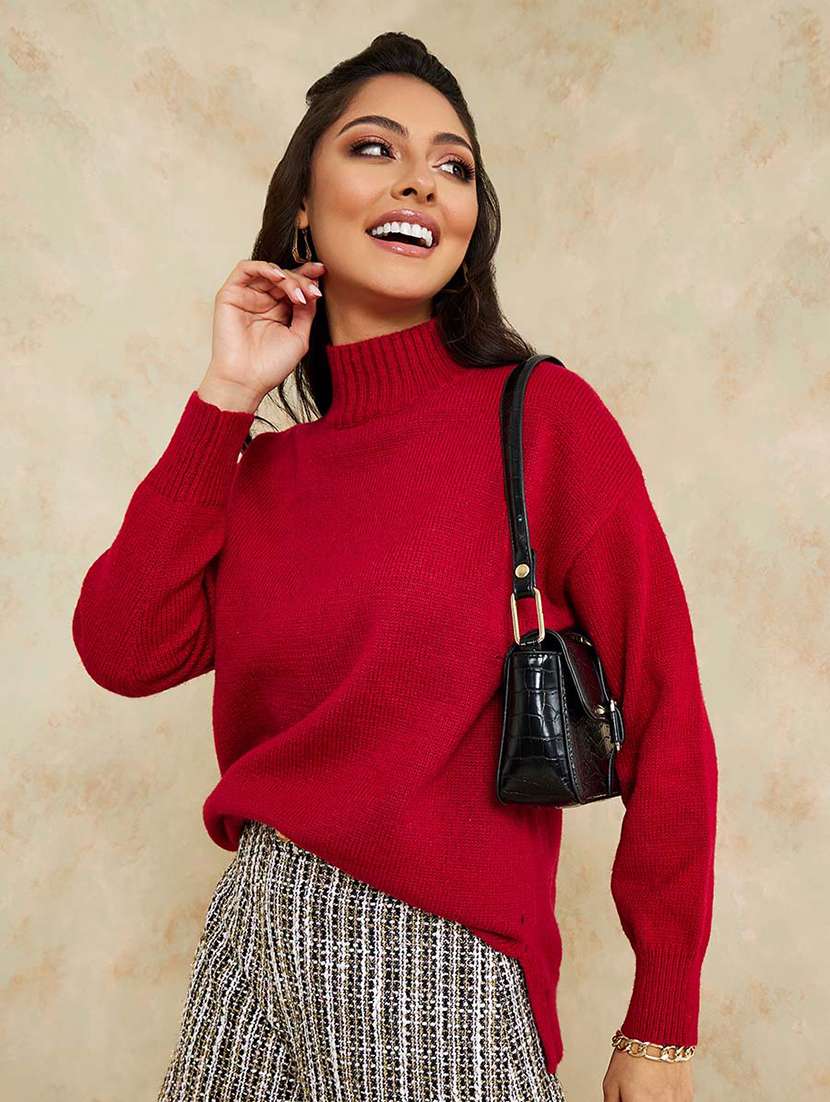 women solid high necj long sleeves pullover - 21673733 -  Standard Image - 1