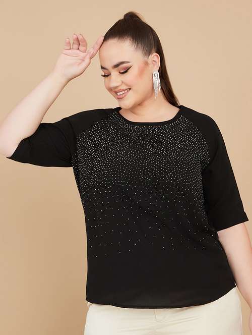 Women Plus Size Embellished Elbow Sleeves Top