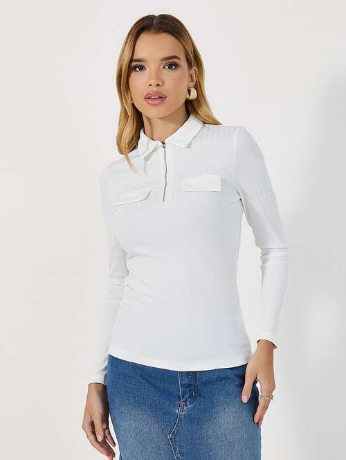 women solid collared long sleeves top - 21673738 - Standard Image - 0