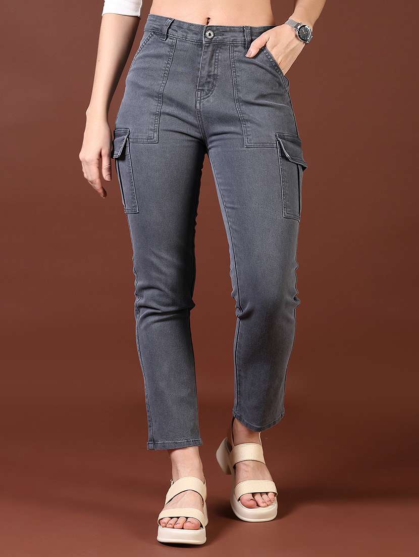 women solid high rise denim cargo
