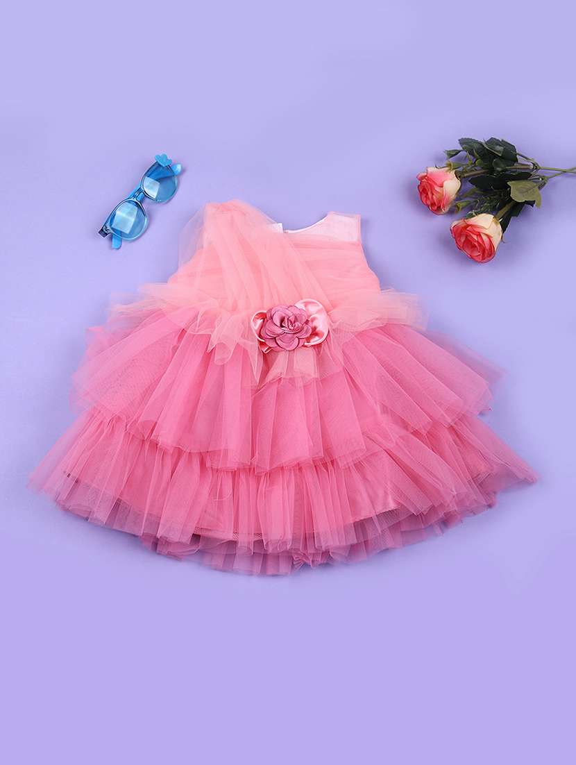 girls pink solid round neck frock - 21673934 -  Zoom Image - 0