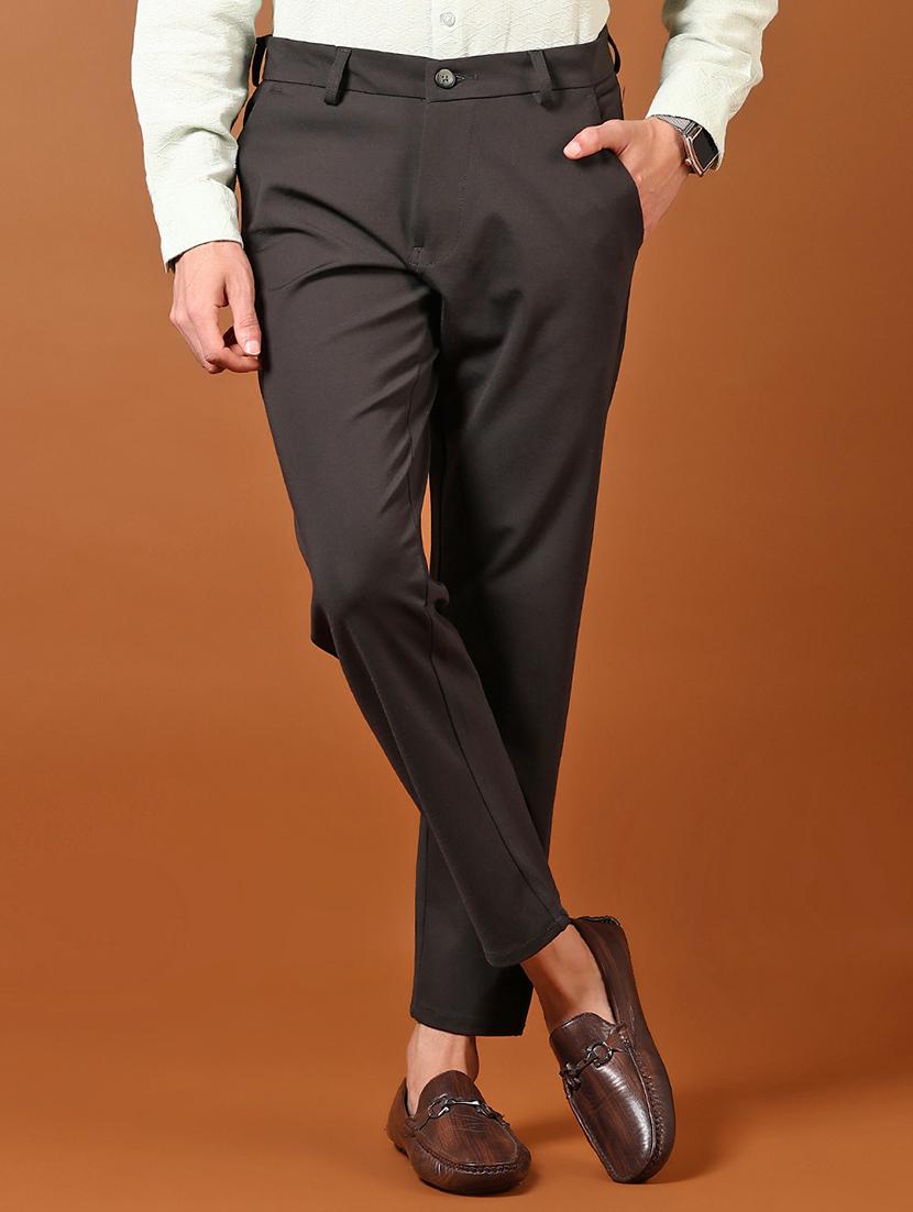 men mid rise solid flat front casual trouser