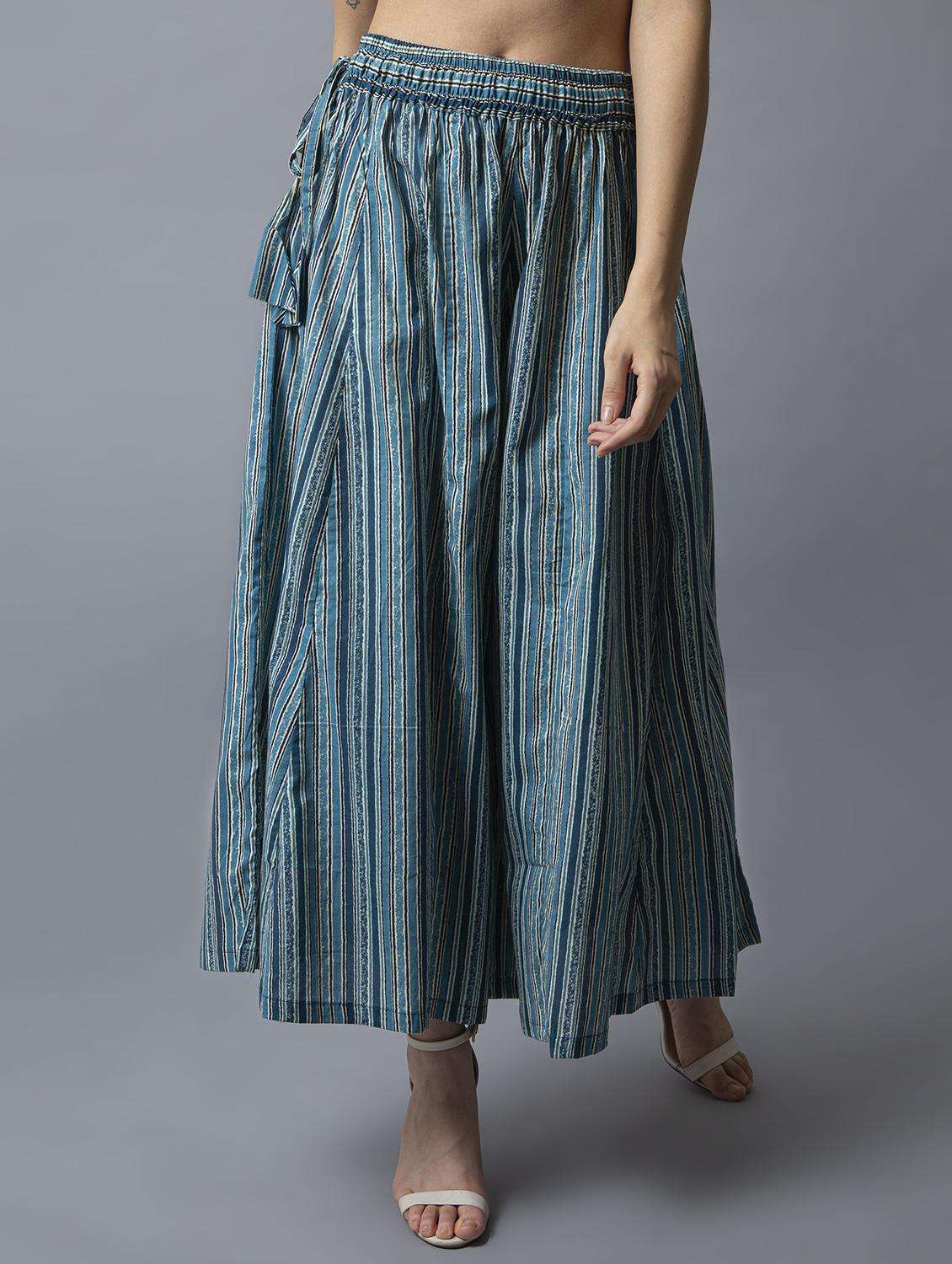 women teal stripes printed flared palazzo 