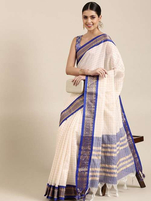 women checks zari bordered saree - 21674576 - Standard Image - 0
