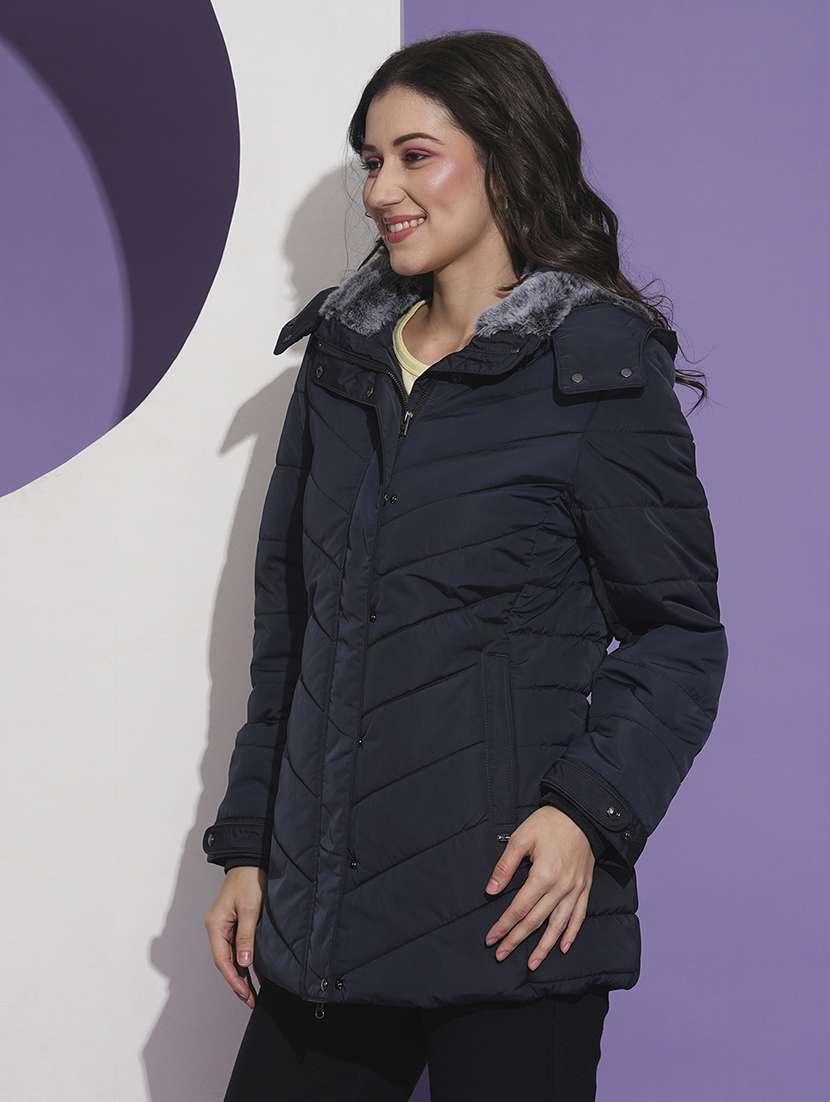 globus women navy blue mock neck front pockets winter wear insulator puffer jacket with detachable hood - 21674612 -  Standard Image - 1