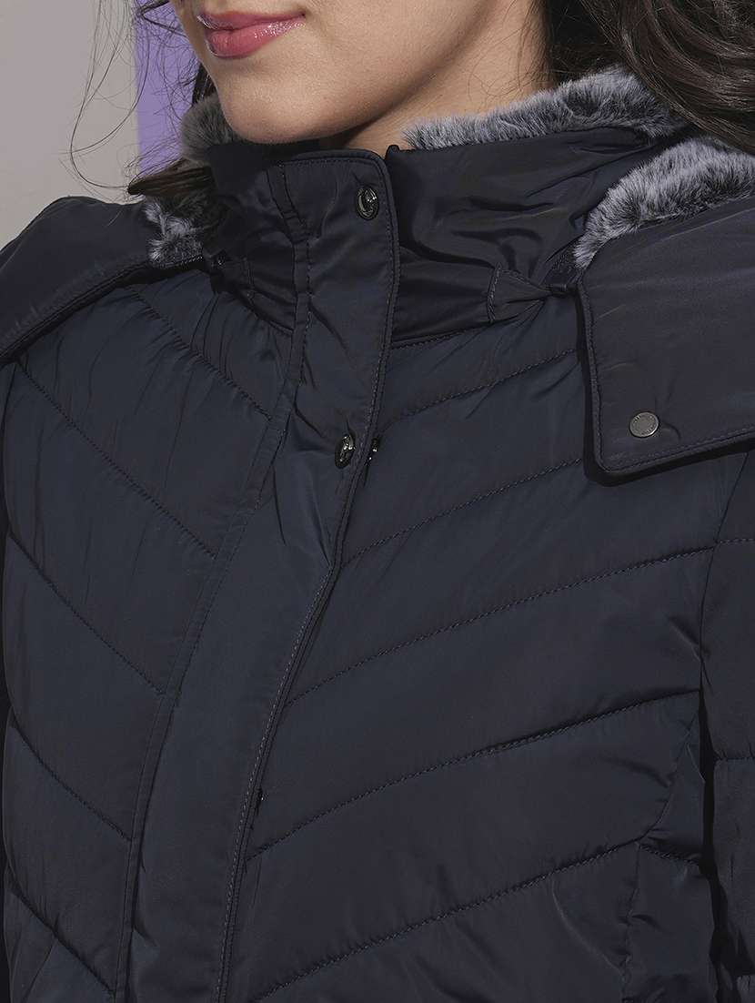 globus women navy blue mock neck front pockets winter wear insulator puffer jacket with detachable hood - 21674612 - Standard Image - 4