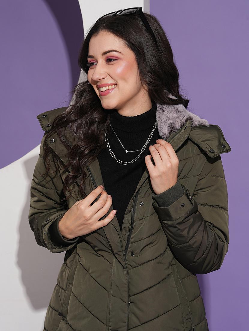 globus women olive mock neck front pockets winter wear insulator puffer jacket with detachable hood - 21674613 -  Standard Image - 1