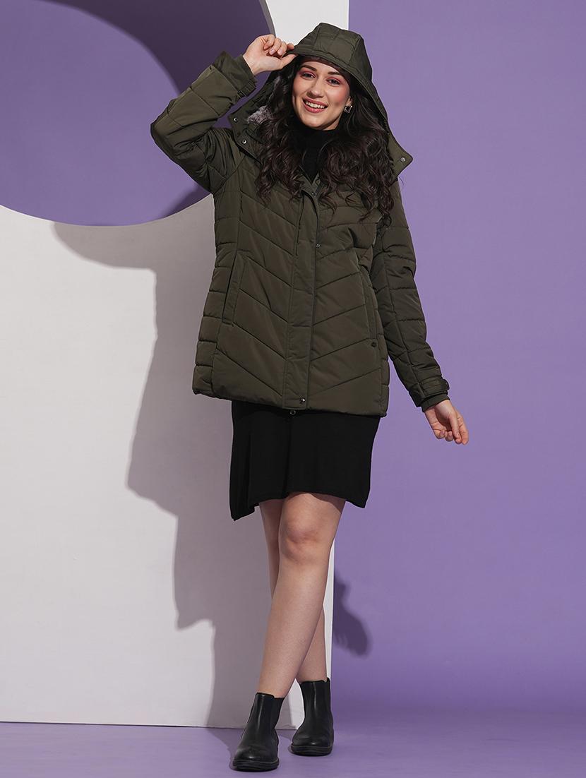 globus women olive mock neck front pockets winter wear insulator puffer jacket with detachable hood - 21674613 - Standard Image - 4
