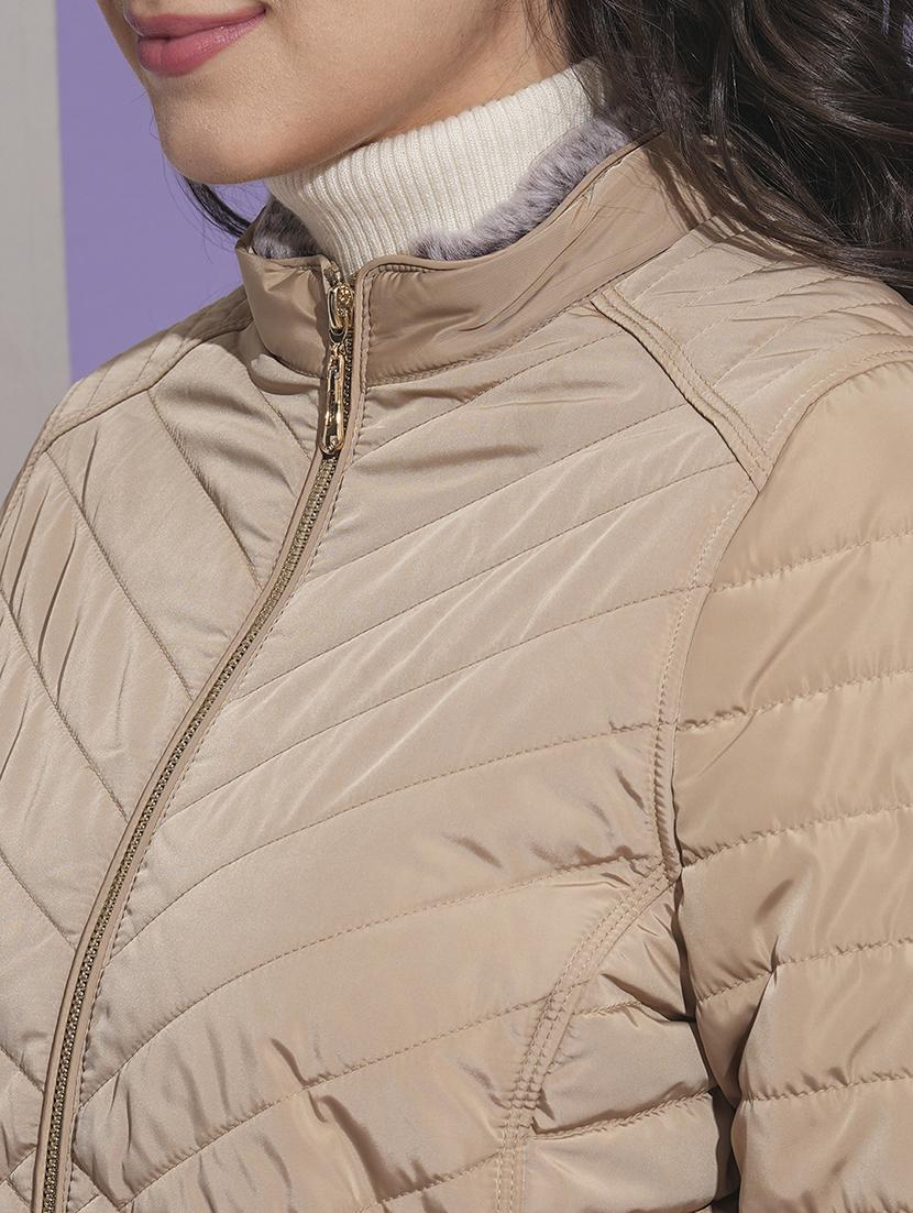 globus women beige mock neck front pockets winter wear insulator puffer jacket - 21674614 - Standard Image - 4