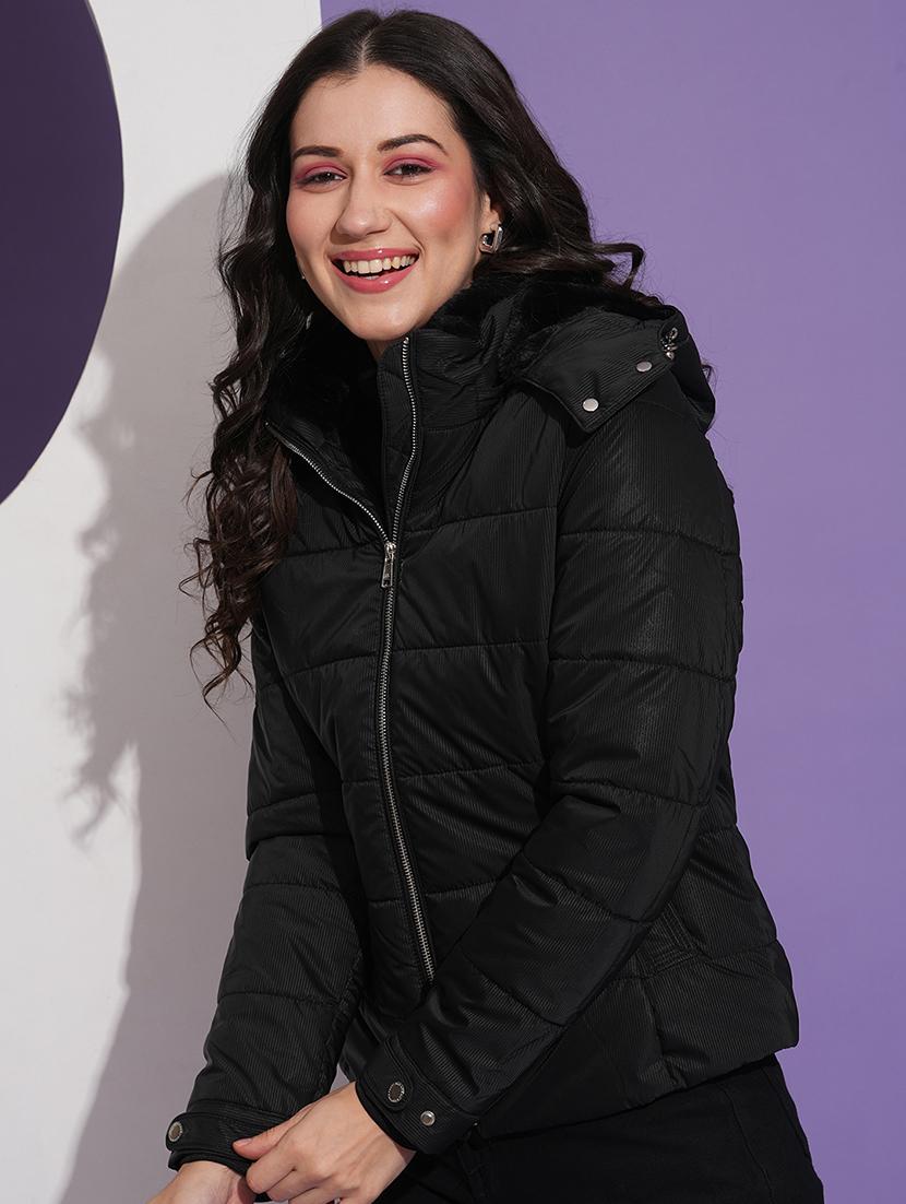 globus women black mock neck front pockets winter wear insulator puffer jacket with detachable hood - 21674618 -  Standard Image - 1