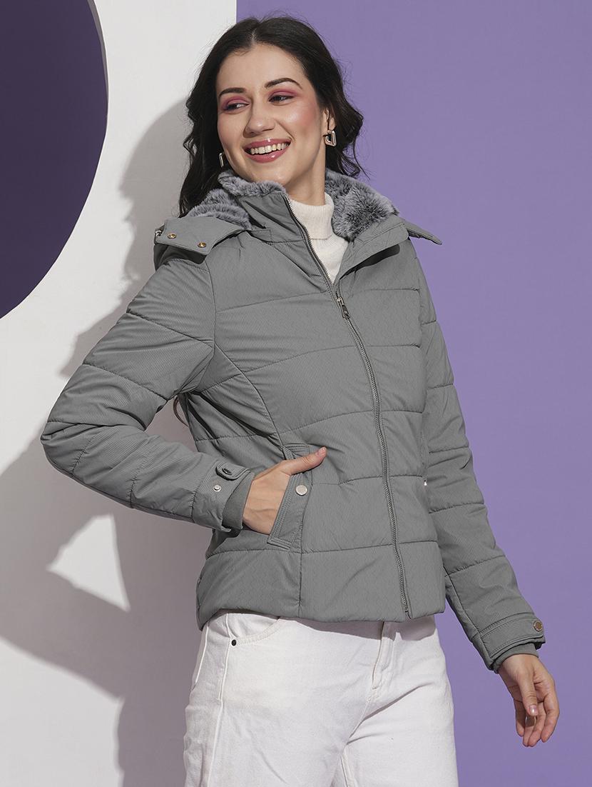 globus women grey mock neck front pockets winter wear insulator puffer jacket with detachable hood - 21674619 -  Standard Image - 1