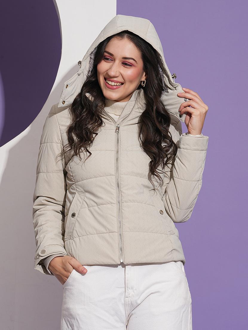 globus women off white mock neck front pockets winter wear insulator puffer jacket with detachable hood - 21674620 - Standard Image - 1