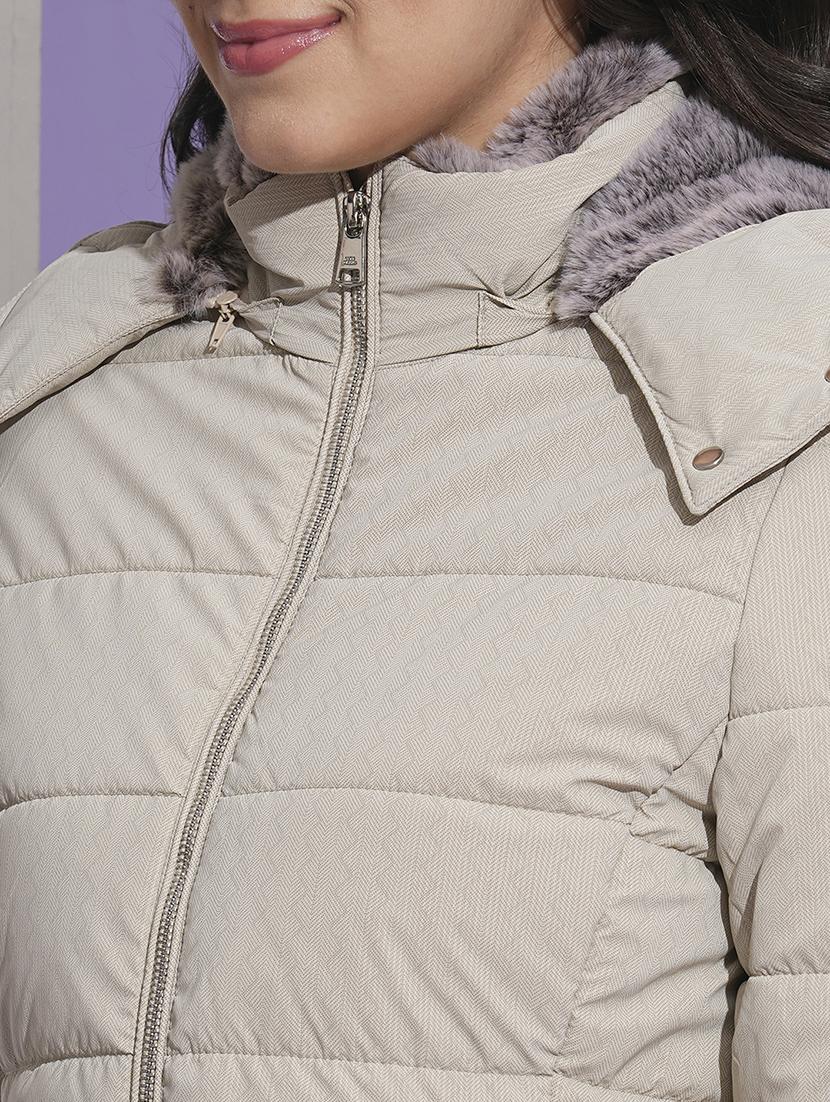 globus women off white mock neck front pockets winter wear insulator puffer jacket with detachable hood - 21674620 - Standard Image - 4